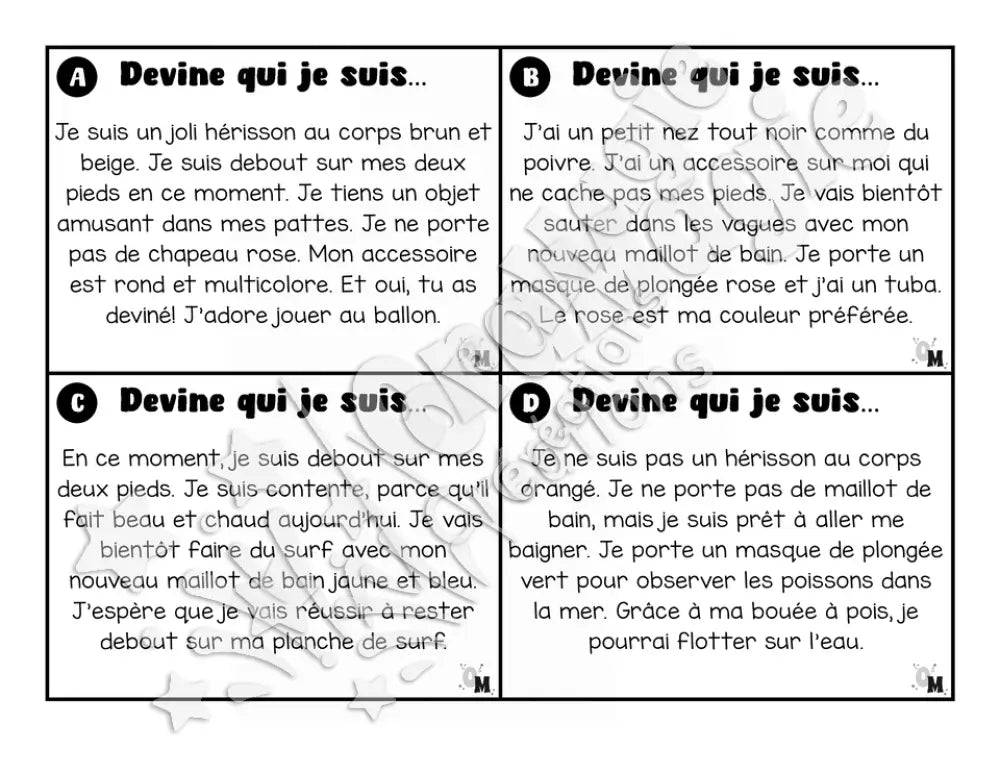 Compréhension de lecture - Les jolis hérissons - Devine qui je suis - 2e année