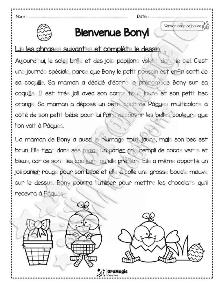 Compréhension de lecture - Lis et colorie - Bienvenue Bony!