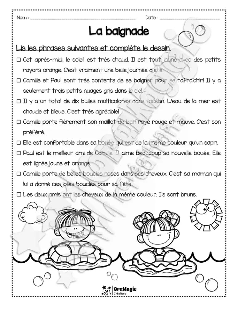 Compréhension de lecture - Lis et colorie - La baignade - 2e année - 2$.pdf