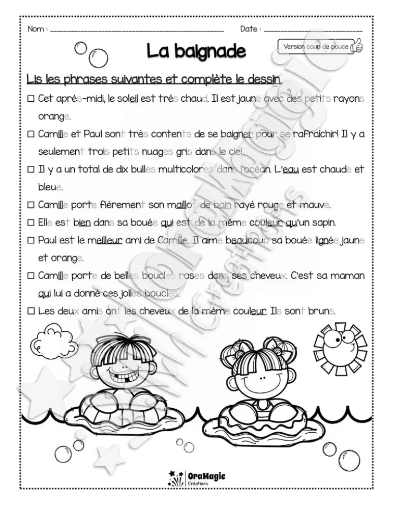 Compréhension de lecture - Lis et colorie - La baignade