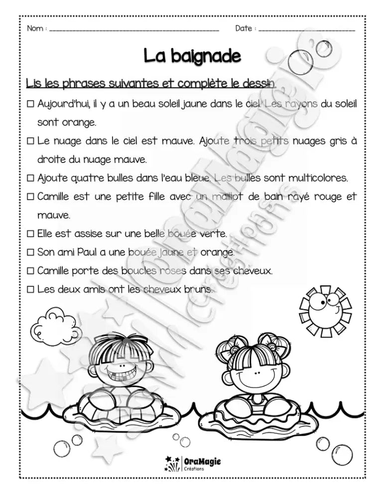 Compréhension de lecture - Lis et colorie - La baignade - 1re année - 2$.pdf