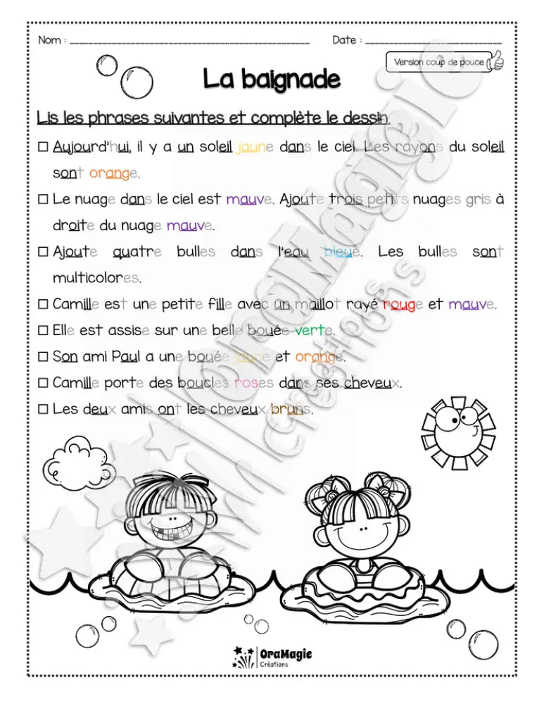 Compréhension de lecture - Lis et colorie - La baignade