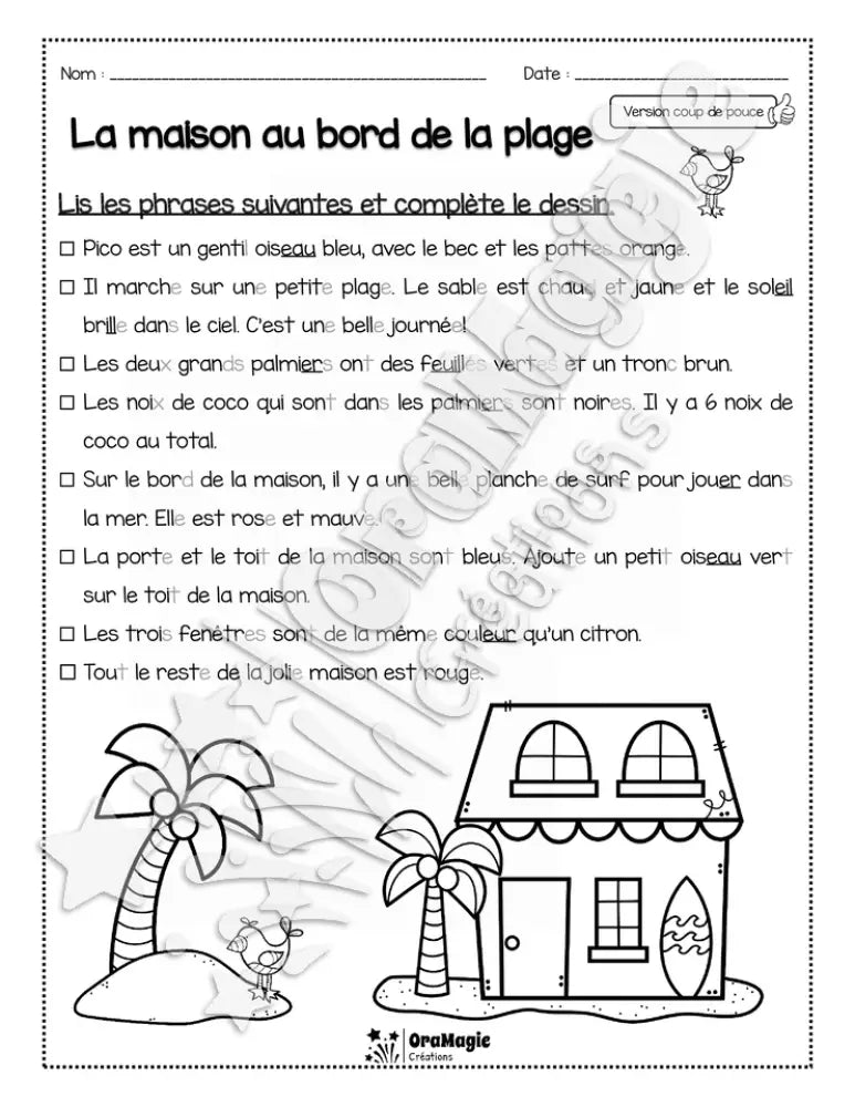 Compréhension de lecture - Lis et colorie - La maison au bord de la plage
