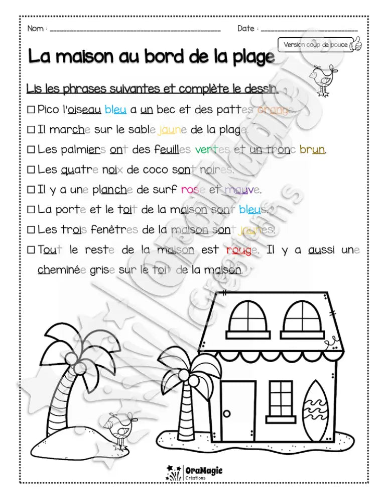 Compréhension de lecture - Lis et colorie - La maison au bord de la plage