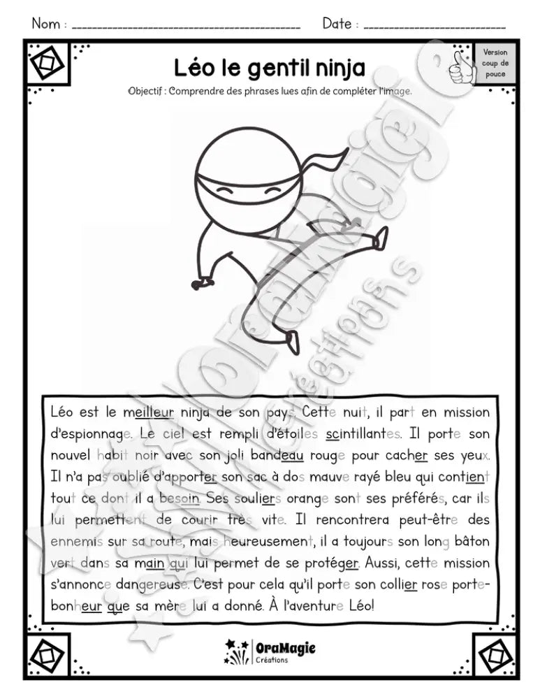 Compréhension de lecture - Lis et colorie - Léo le gentil ninja