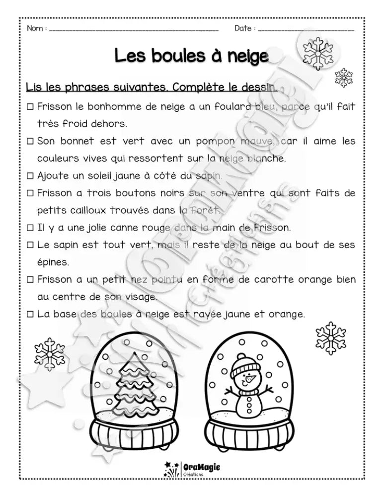 Compréhension de lecture - Lis et colorie - Les boules à neige - 2e année.pdf