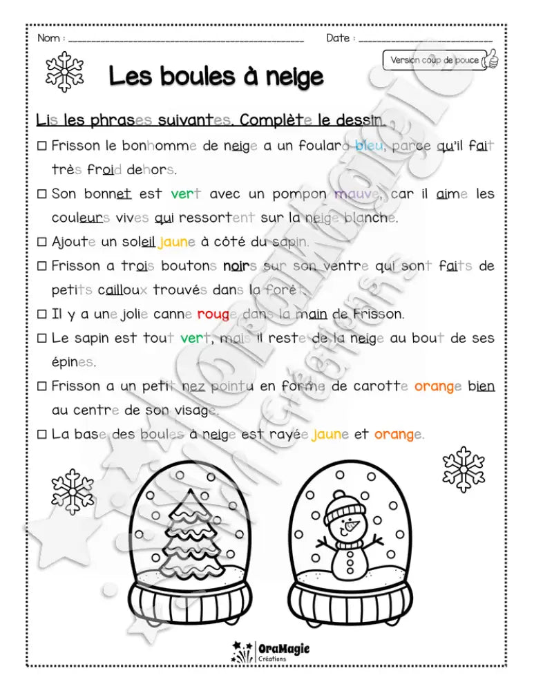 Compréhension de lecture - Lis et colorie - Les boules à neige - 2e année