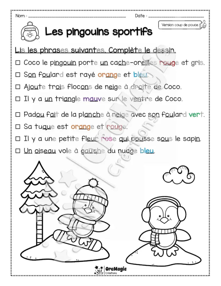 Compréhension de lecture - Lis et colorie - Les pingouins sportifs