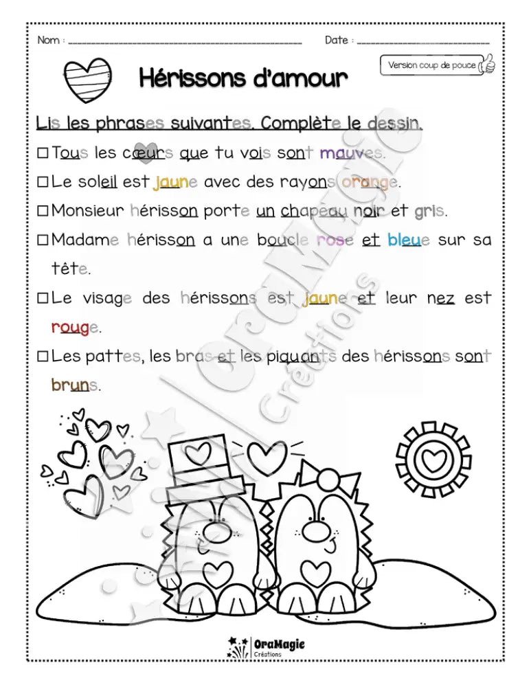 Compréhension de lecture - Lis et colorie - St-Valentin - Amour et piquants - 1re année