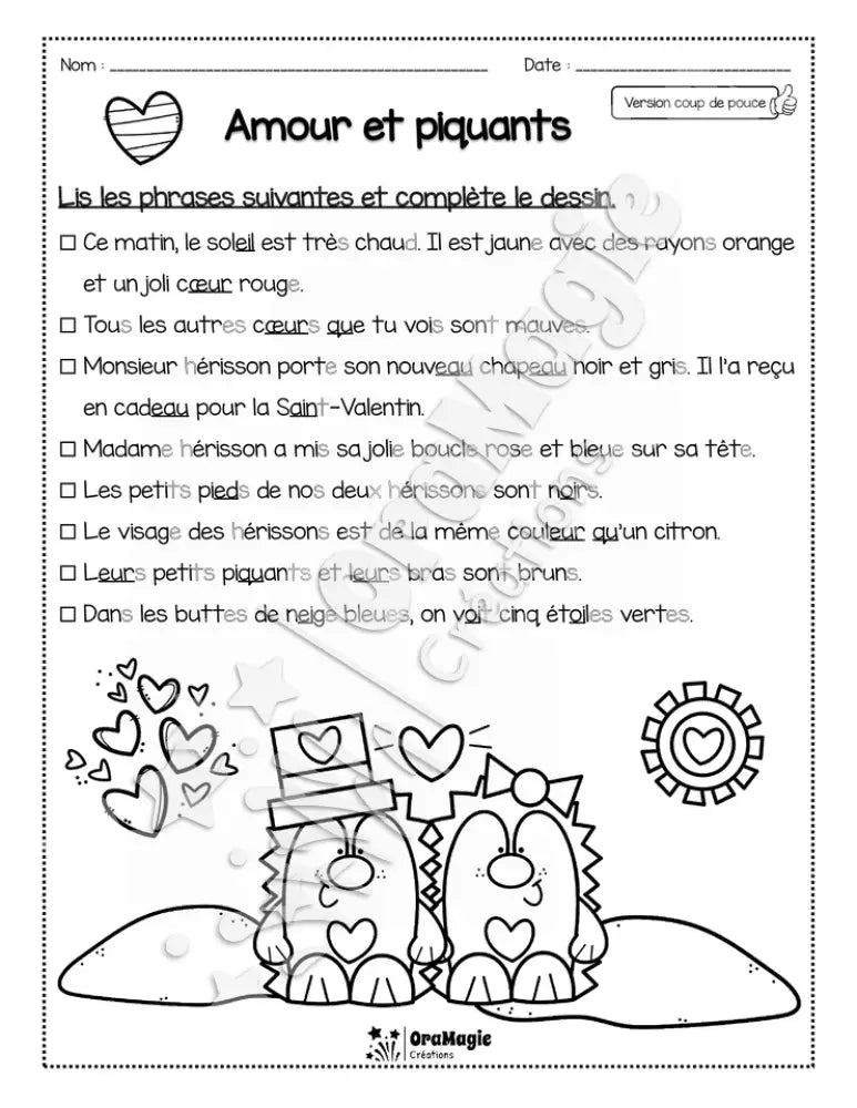 Compréhension de lecture - Lis et colorie - St-Valentin - Amour et piquants - 2e année