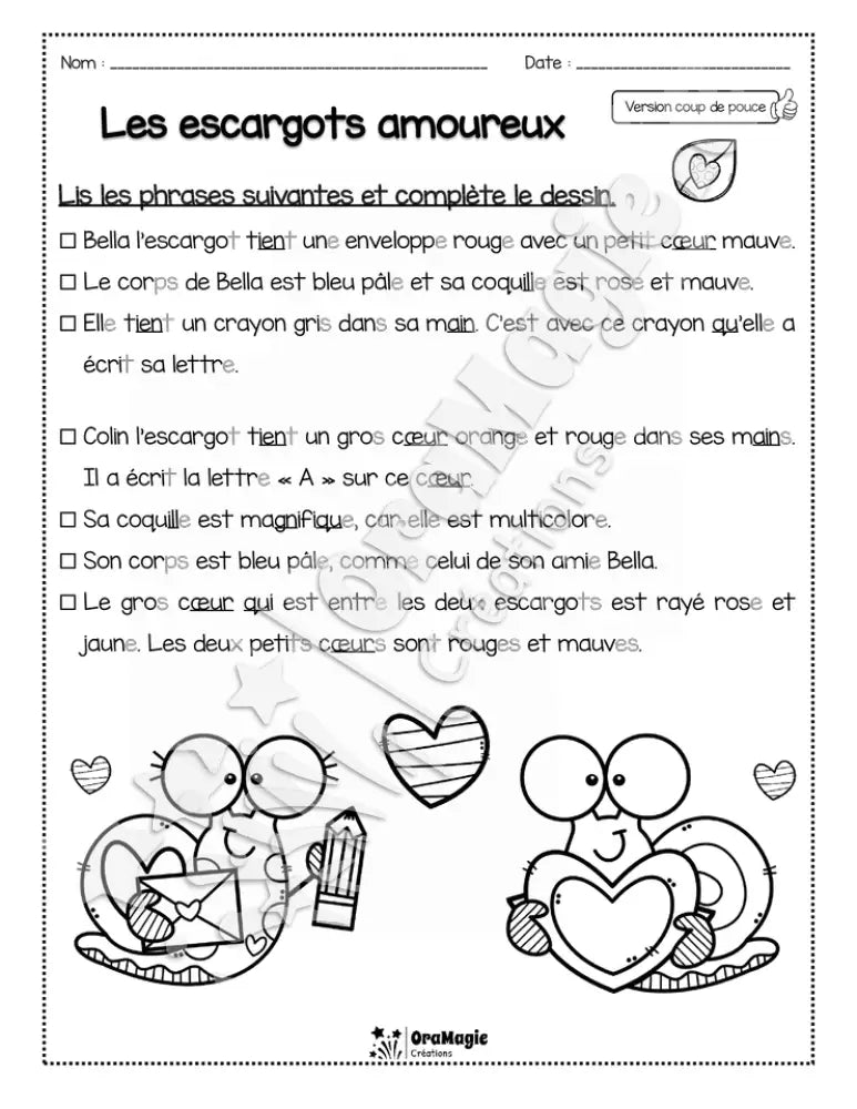 Compréhension de lecture - Lis et colorie - St-Valentin - Les escargots amoureux