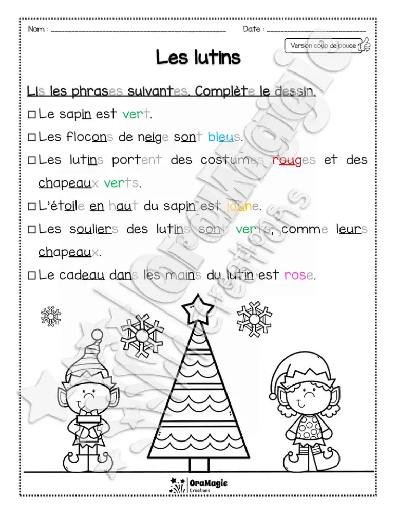 Compréhension de lecture Noël - Lis et colorie - Les lutins