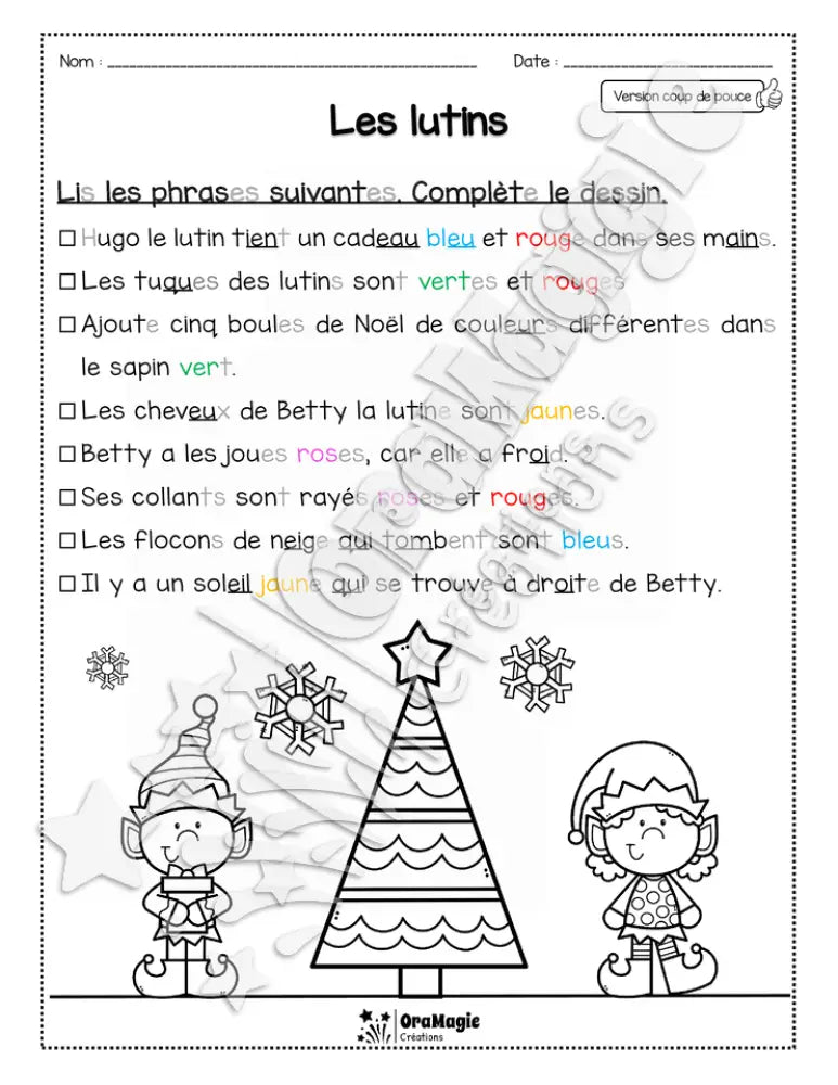 Compréhension de lecture Noël - Lis et colorie - Les lutins