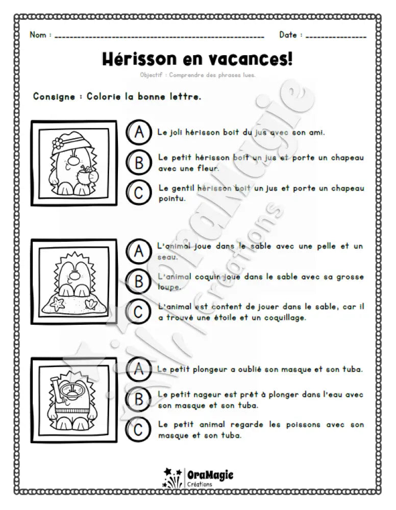 Compréhension de lecture - Trouve la bonne phrase - Hérisson en vacances - 1re année - Produit numérique