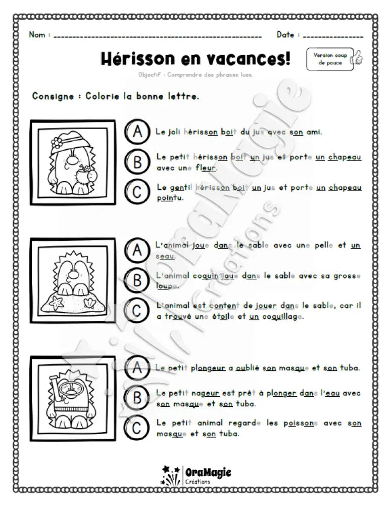 Compréhension de lecture - Trouve la bonne phrase - Hérisson en vacances - 1re année - Produit numérique