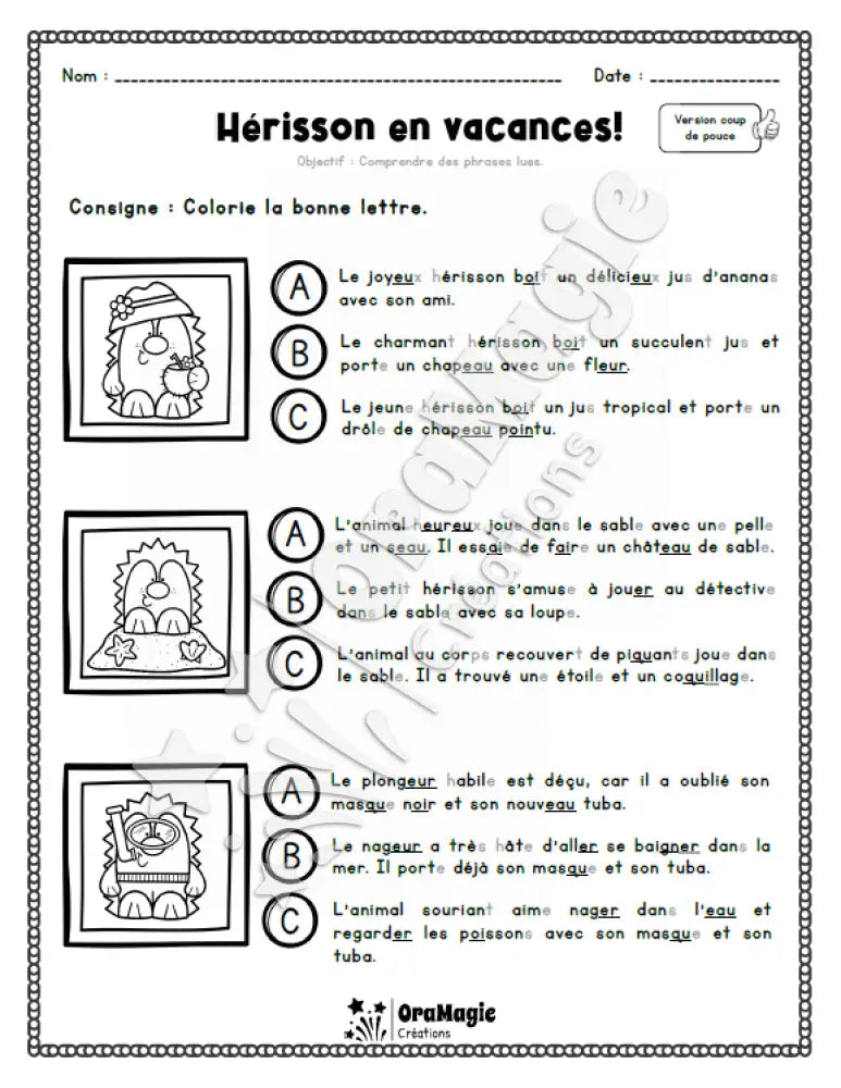 Compréhension de lecture - Trouve la bonne phrase - Hérisson en vacances - 2e année - Produit numérique
