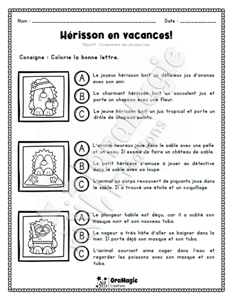 Compréhension de lecture - Trouve la bonne phrase - Hérisson en vacances - 2e année - Produit numérique