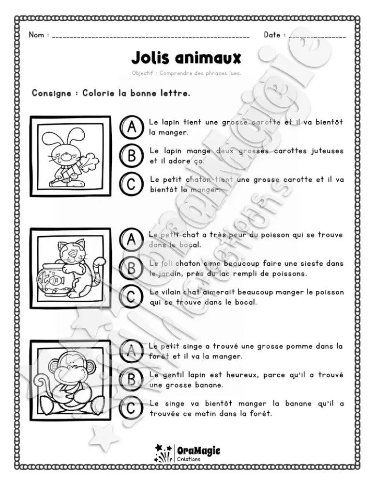 Compréhension de lecture - Trouve la bonne phrase - Jolis animaux - 2e année.pdf