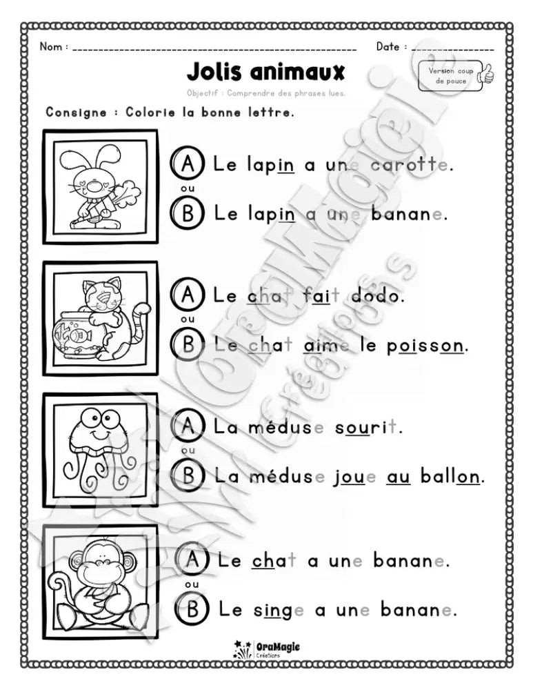 Compréhension de lecture - Trouve la bonne phrase - Jolis animaux