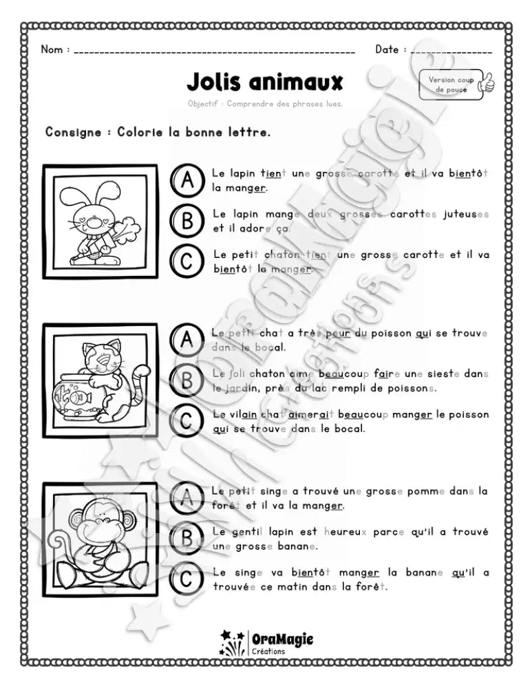 Compréhension de lecture - Trouve la bonne phrase - Jolis animaux