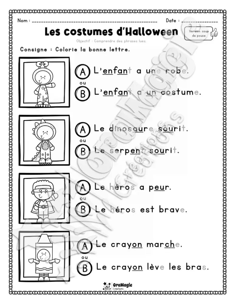 Compréhension de lecture - Trouve la bonne phrase - Les costumes d'Halloween - 1re année