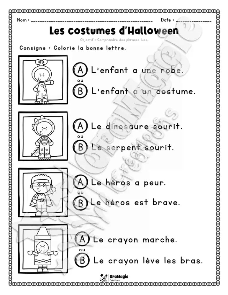 Compréhension de lecture - Trouve la bonne phrase - Les costumes d'Halloween - 1re année - 3$.pdf