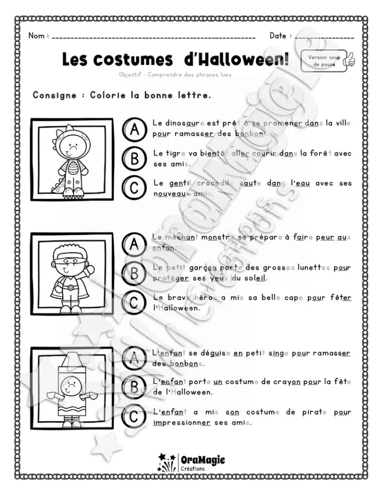 Compréhension de lecture - Trouve la bonne phrase - Les costumes d'Halloween - 2e année