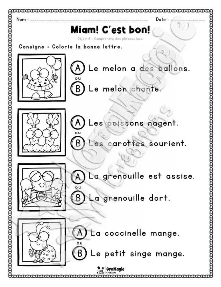 Compréhension de lecture - Trouve la bonne phrase - Miam! C'est bon! - 1re année.pdf