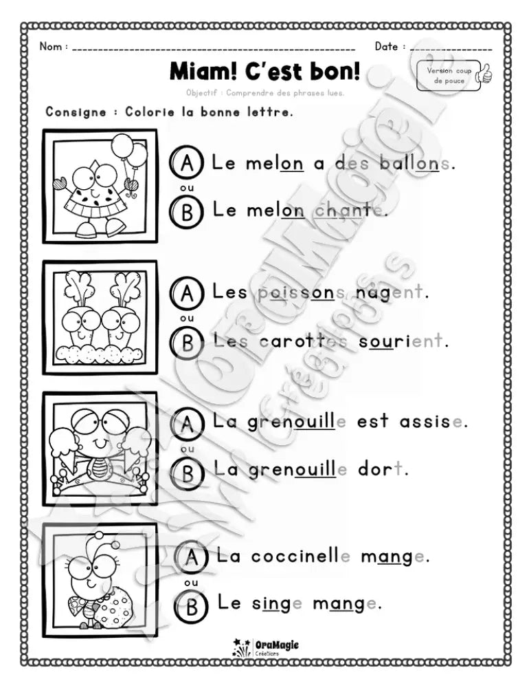 Compréhension de lecture - Trouve la bonne phrase - Miam! C'est bon!