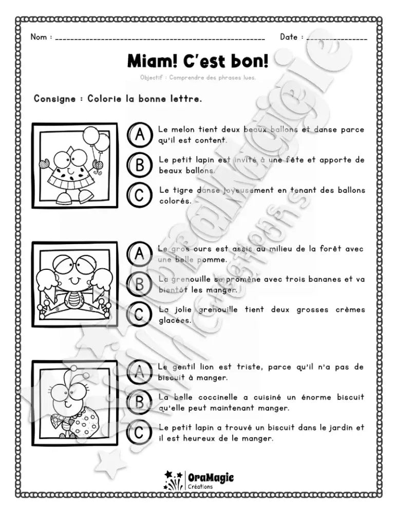 Compréhension de lecture - Trouve la bonne phrase - Miam! C'est bon! - 2e année.pdf