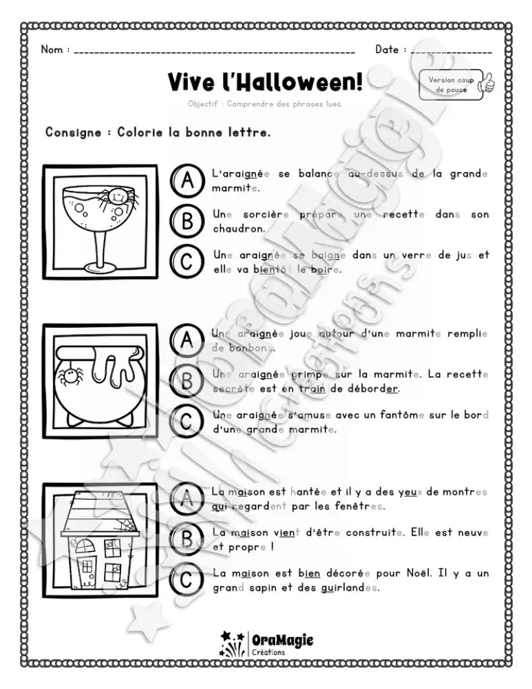 Compréhension de lecture - Trouve la bonne phrase - Vive l'Halloween - 2e année