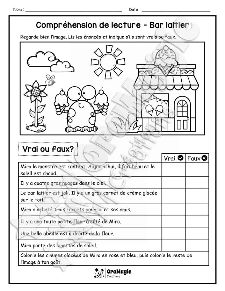 Compréhension de lecture - VRAI OU FAUX - Bar laitier - 1re année - 2$.pdf