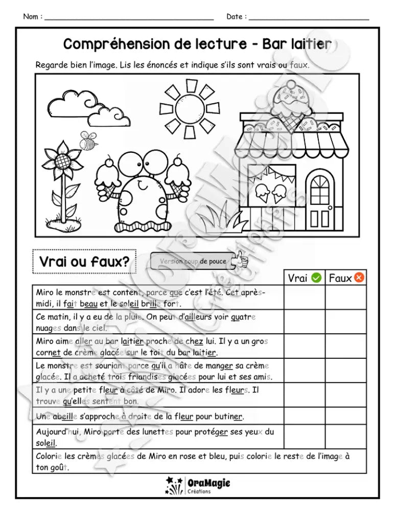 Compréhension de lecture - VRAI OU FAUX - Bar laitier