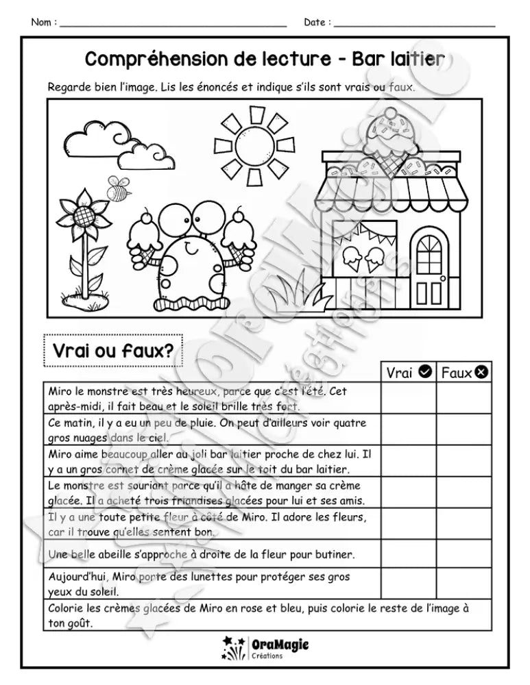 Compréhension de lecture - VRAI OU FAUX - Bar laitier - 2e année - 2$.pdf
