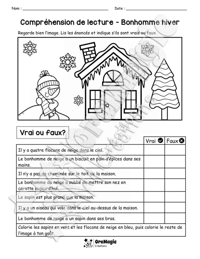 Compréhension de lecture - VRAI OU FAUX - Bonhomme hiver - 1ère année - 3$.pdf