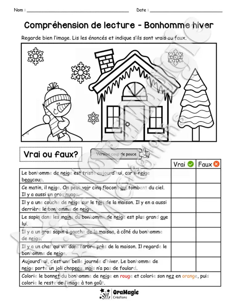 Compréhension de lecture - VRAI OU FAUX - Bonhomme hiver
