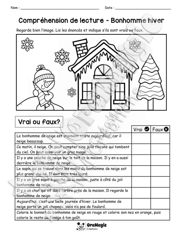 Compréhension de lecture - VRAI OU FAUX - Bonhomme hiver - 2e année.pdf