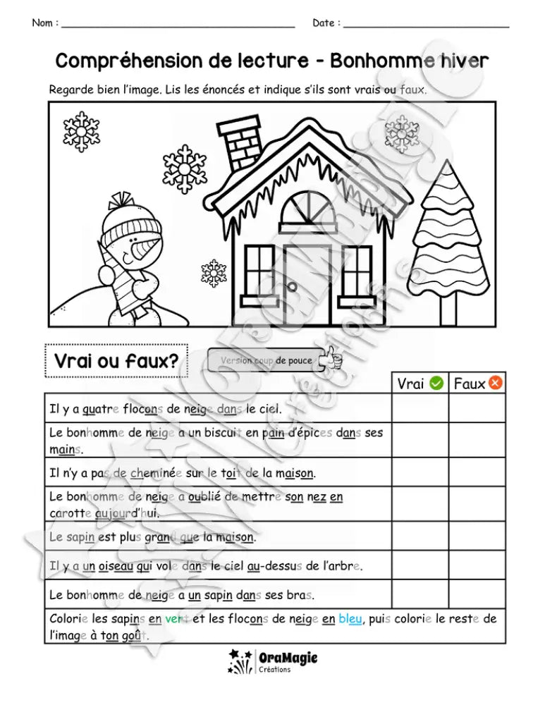 Compréhension de lecture - VRAI OU FAUX - Bonhomme hiver