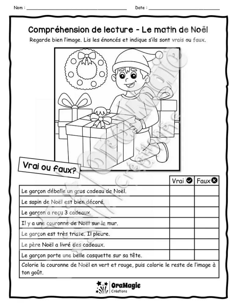 Compréhension de lecture Noël - 1re année - VRAI OU FAUX - Le matin de Noël - 2$.pdf