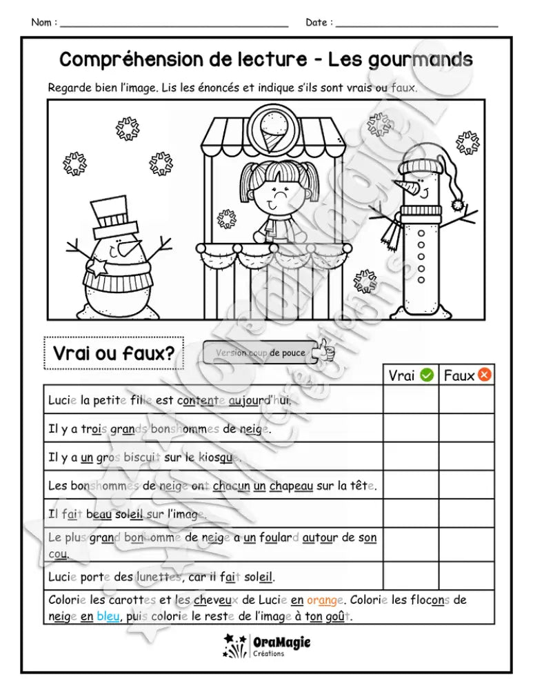 Compréhension de lecture - VRAI OU FAUX - Les gourmands