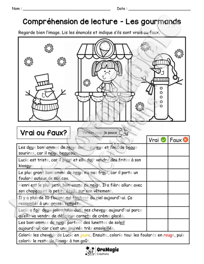 Compréhension de lecture - VRAI OU FAUX - Les gourmands
