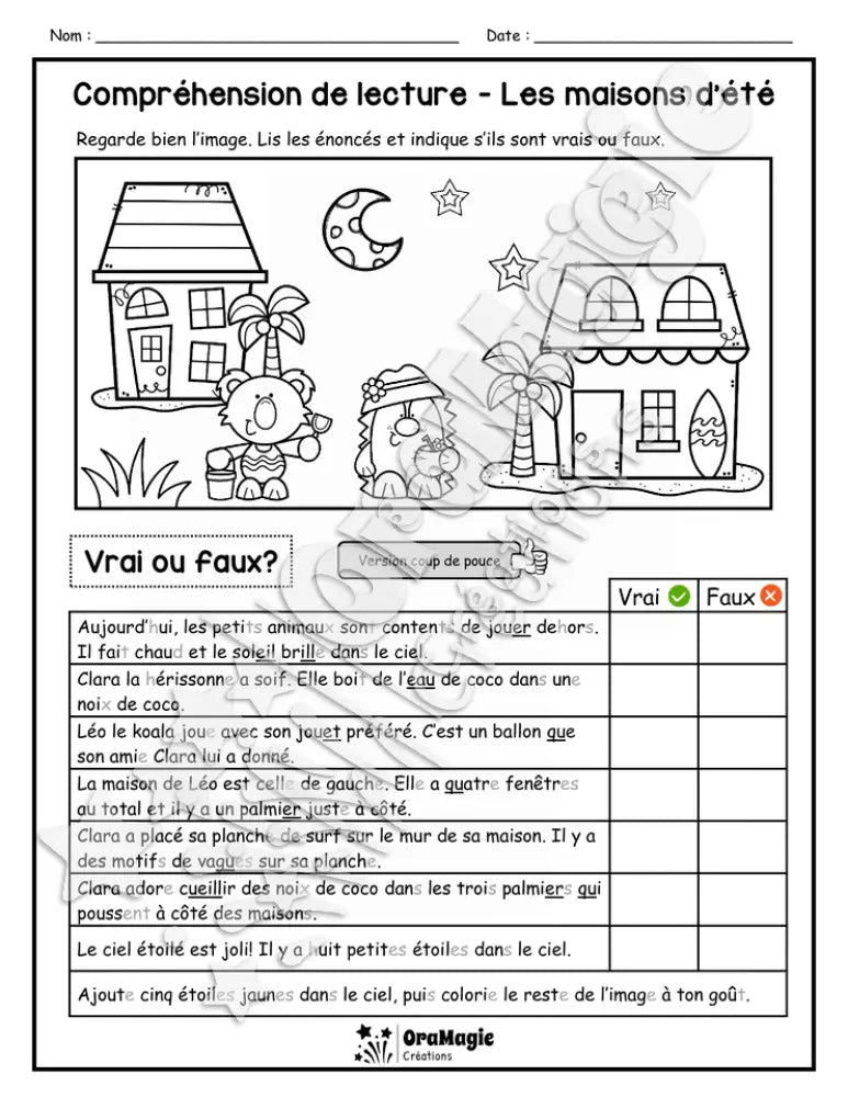 Compréhension de lecture - VRAI OU FAUX - Les maisons d'été