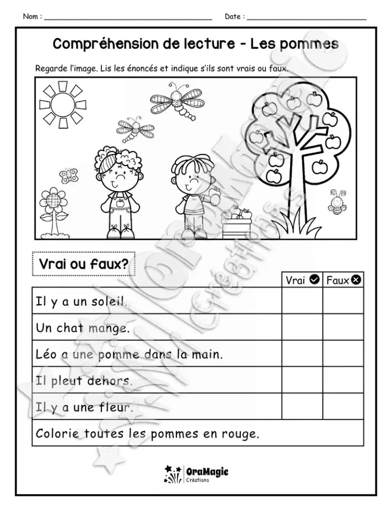 Compréhension de lecture - VRAI OU FAUX - Les pommes - 1re année - 3$.pdf