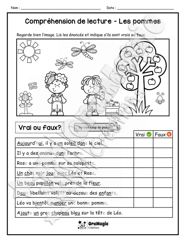 Compréhension de lecture - VRAI OU FAUX - Les pommes