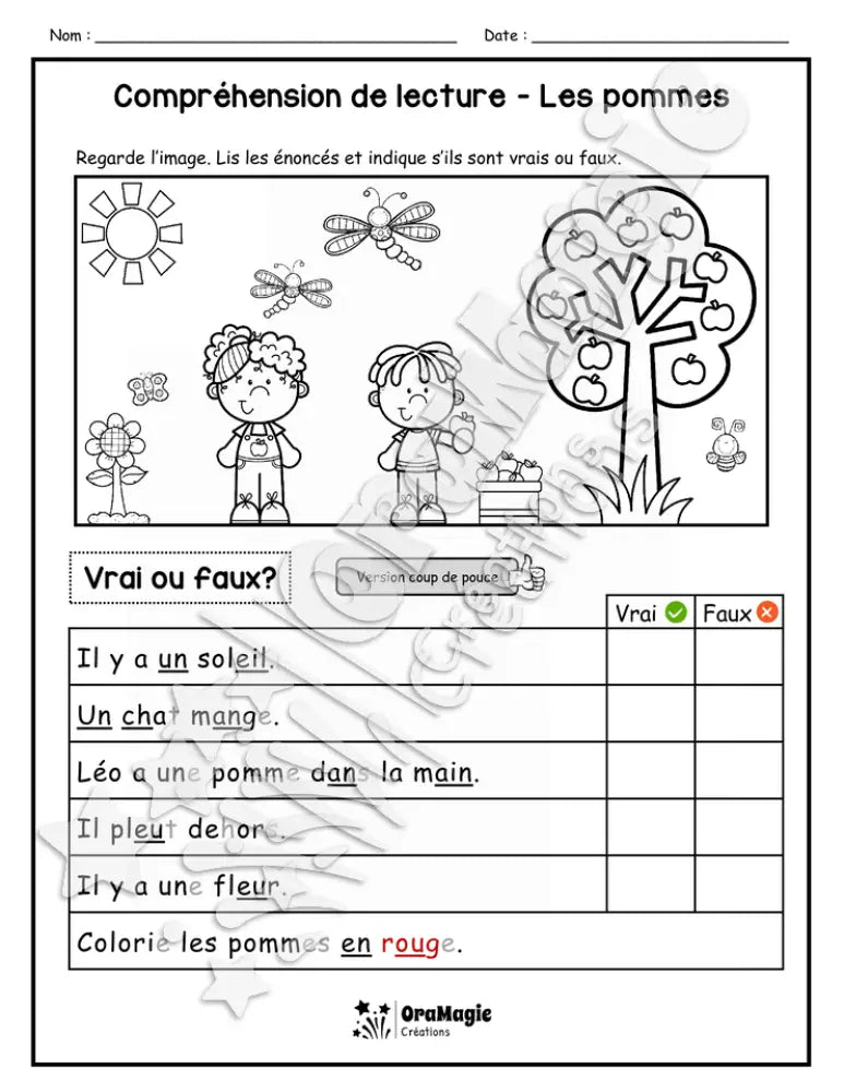 Compréhension de lecture - VRAI OU FAUX - Les pommes