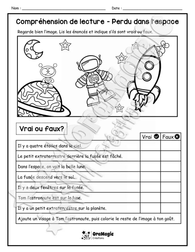 Compréhension de lecture - VRAI OU FAUX - Perdu dans l'espace - 1re année - 3$.pdf