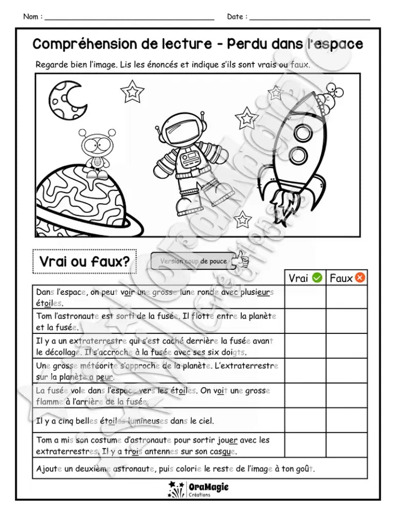 Compréhension de lecture - VRAI OU FAUX - Perdu dans l'espace