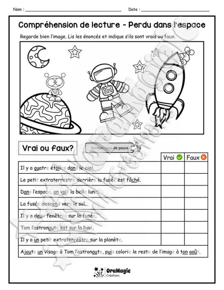 Compréhension de lecture - VRAI OU FAUX - Perdu dans l'espace