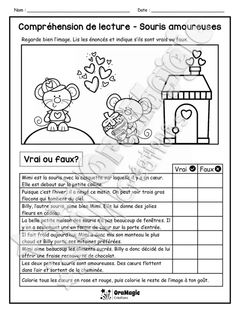 Compréhension de lecture - VRAI OU FAUX - Souris amoureuses - 2e année.pdf