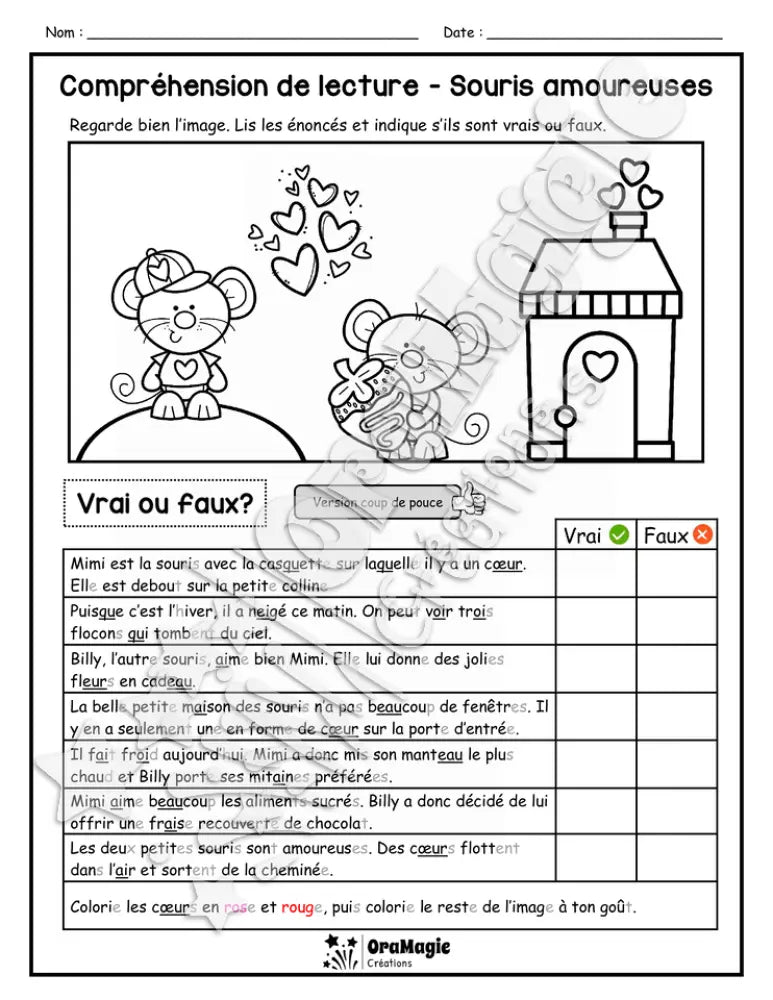 Compréhension de lecture - VRAI OU FAUX - Souris amoureuses